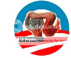 Barack Obama Logo with actual picture of dead aborted 10 week 
old baby with bloody arm on US dime coin.
